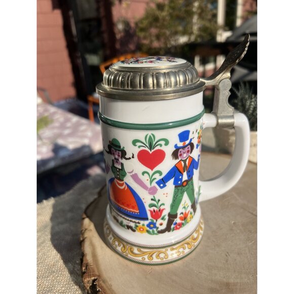 Vintage German BMF W. Germany Loving Couple Beer Stein With Pewter Lid Folk Art - Picture 2 of 9